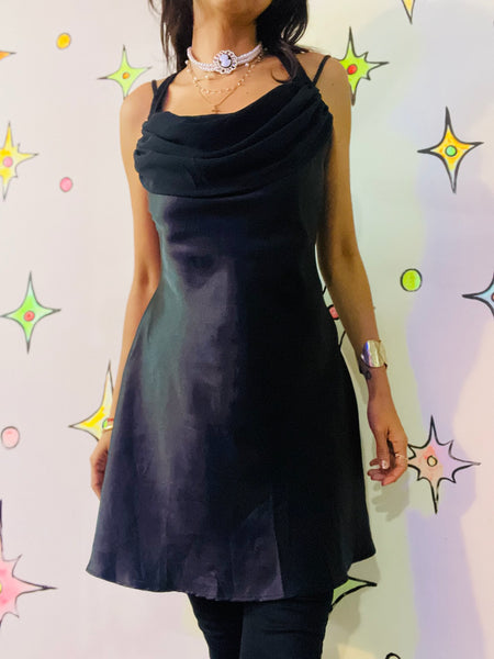 Vintage 90s Black Silky Slip Dress Lingerie Vamp Glam Goth Fairy Grunge M/L