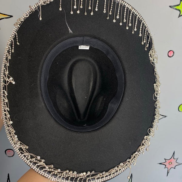 Black Beaded Fringe Cowgirl Hat | Rhinestone Western Goth Glam - One Size