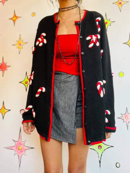 Vintage Black Christmas Sweater | Candy Cane Ugly Tacky Xmas Party Cardigan – L
