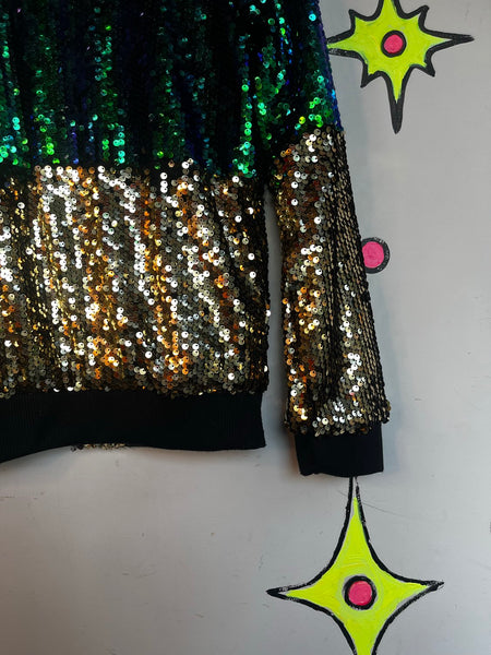 Vintage Sequin Bomber Jacket | Retro Mardi Gras Party Glam Maximalist M