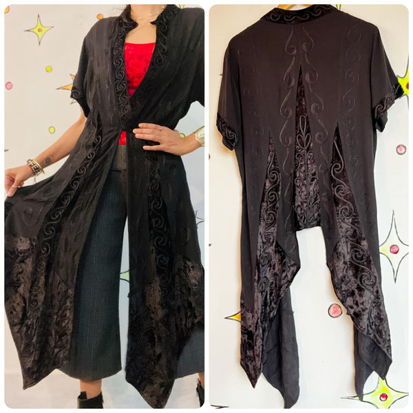 Vintage Black Kimono Jacket Top Duster Whimsy Goth Witchy Boho Grunge - Size L