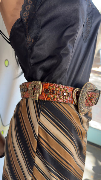 Y2K Rhinestone Studded Cowhide Leather Belt Western Cowgirl Bling Statement Belt