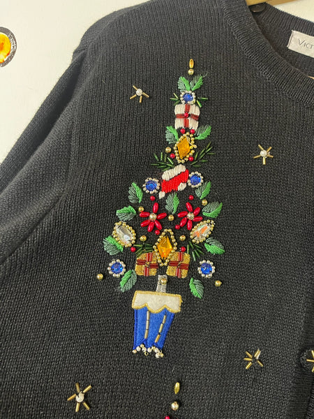 Vintage Embellished 80s 90s Black Ugly Tacky Christmas Sweater Cardigan – XL