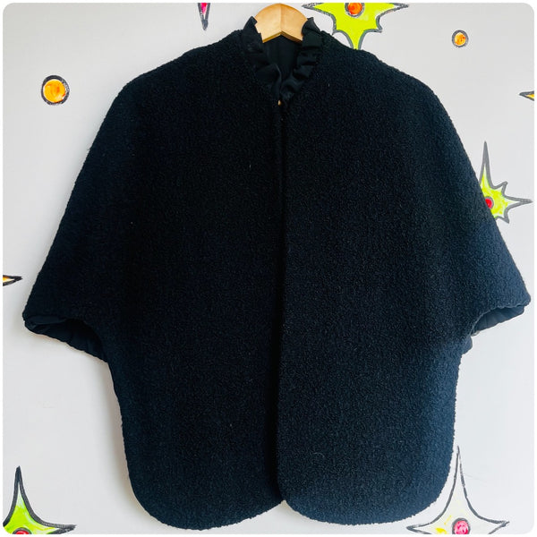 Vintage 50s 60s | Black Satin Lined Persian Lambswool Curly Fur Cape Coat