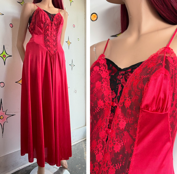 Romantic Red Nylon Lace Full Length Nighty Gown Vamp Pin-Up Glam Vamp Siren S