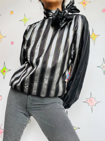 Vintage Glam Metallic Silver & Black Secretary Bow Blouse Valentino NIGHT M/L