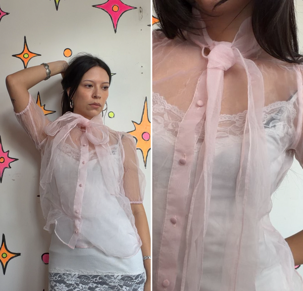 Pastel Pink Organza Sheer Bow Blouse Dollcore Victorian Balletcore Fairy Top M