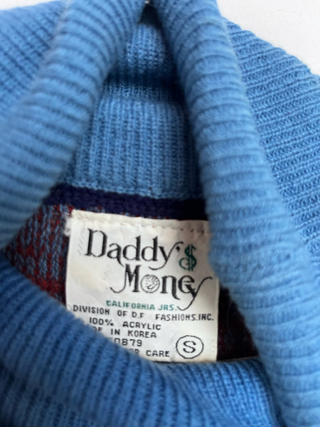 Vintage 70s Blue Turtleneck Striped Pullover Sweater Chunky Grunge Boho Retro S