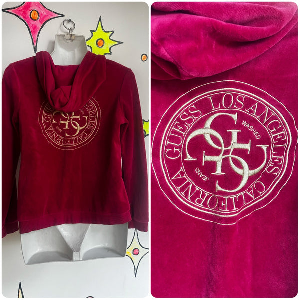 Y2K | Pink GUESS Fairy Grunge Indie Sleaze Velour Fitted Juicy Style Hoodie | S