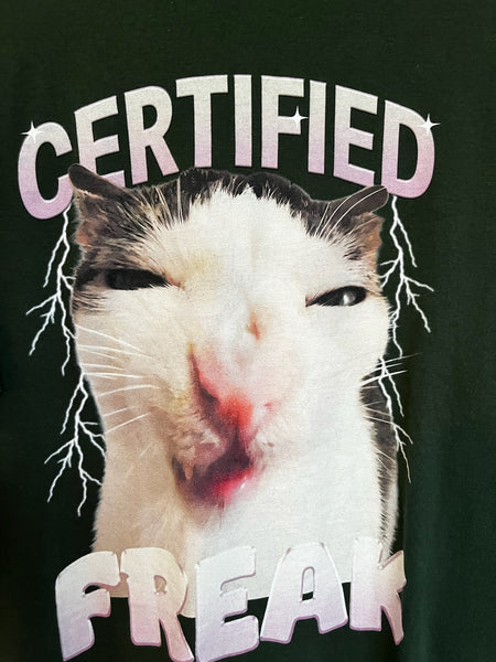 90s Y2K Certified Freak Kitty Cat Funny Graphic Tee Green 2XL