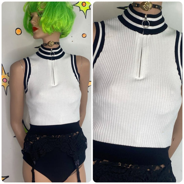 Retro Rib Knit Zip Up Turtleneck Top 90s Preppy Grunge Cropped Sweater S