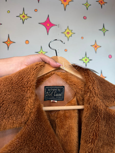 Vintage 70s Vinyl Sherpa Coat Faux Fur Penny Lane Jacket Boho Hippie Retro XL