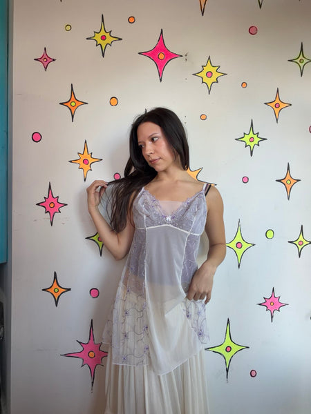 90s Y2K Fairy Grunge White Sheer Slip w/ Purple Embroidery | S/M