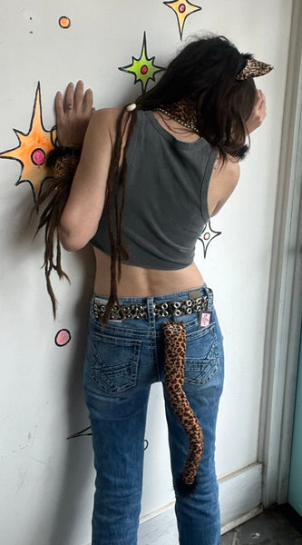 Plush Leopard Cat Costume Set Headband Collar Tail Cuffs Cosplay