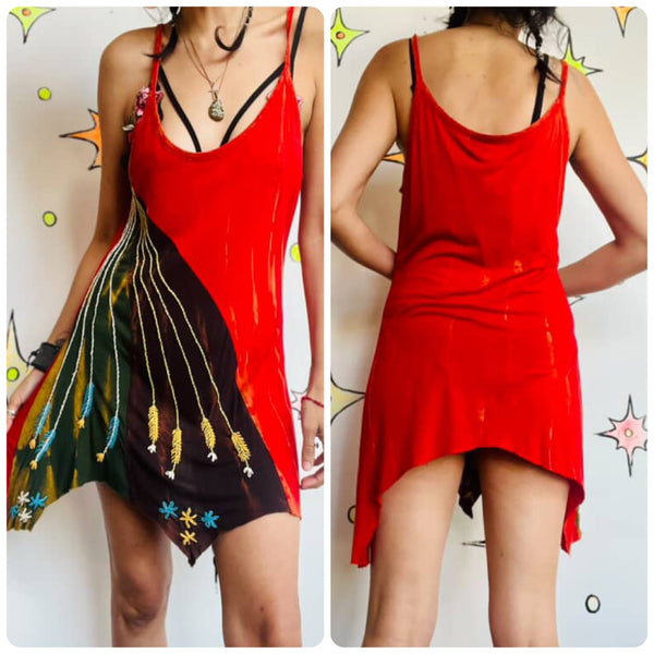 90s Y2K Cherry Red Butterfly Mini Dress Embellished Boho Fairy Grunge Artwear XL
