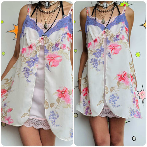 Fairycore Beige Babydoll Slip Dress - Pink Lacey Rococo Grunge Lingerie - Size L