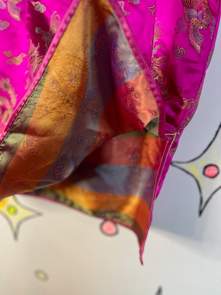 Vintage Hot Pink & Gold Satin Cheongsam Mini Dress | Geisha Kimono Style | M/L