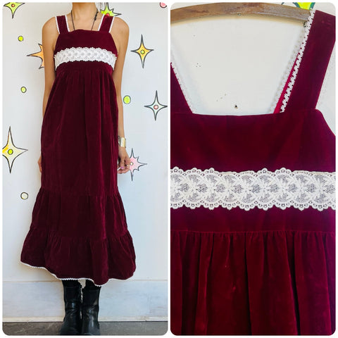 Vintage 70s Burgundy Velvet Maxi Dress Cottagecore Fairy Grunge Boho Prairie - M