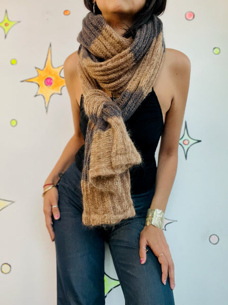 90s Brown Striped Grunge Oversized Fuzzy Mohair Scarf - Extra Long Cozy Rodarte