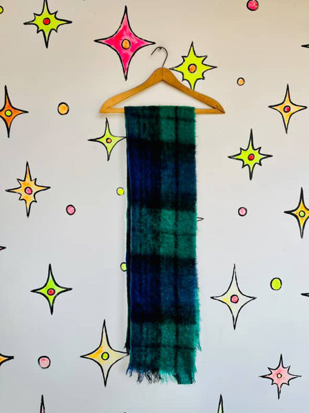 Vintage Fuzzy Tartan Scarf Navy & Green Emo Grunge Mohair Wool Oversized Wrap