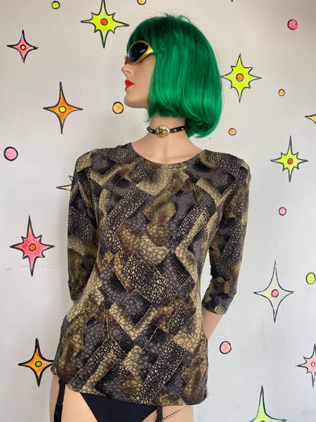 90s Abstract Patchwork Animal Print Top Elementz 3/4 Sleeve Grunge M