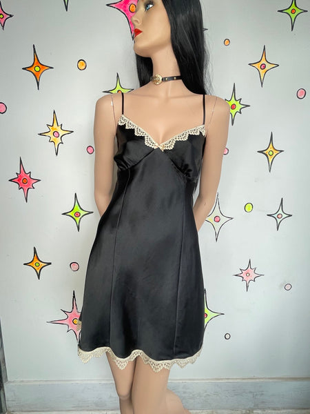 Y2K Black Satin & Lace Babydoll Slip Dress - Whimsy Goth Romantic - M