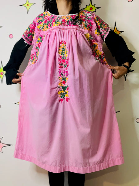 Vintage Boho Oaxacan Mexican Pink Huipil Dress - Hand Embroidered Floral M/L