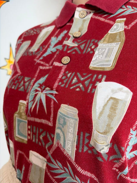 Vintage Red Tiki Souvenir Aloha Party Shirt Hawaiian Polo Knit Plus Size XXL+