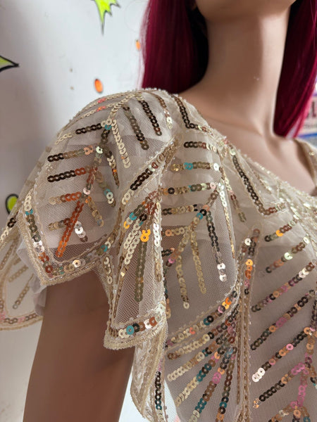Vintage Gold Sequin Flapper Cape Art Deco Beaded Shrug Glam Festival Rave