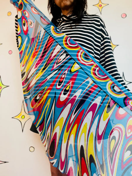 Vintage Rainbow Psychedelic Op Art Sheer Scarf 60s 70s Style Groovy Mod Festival