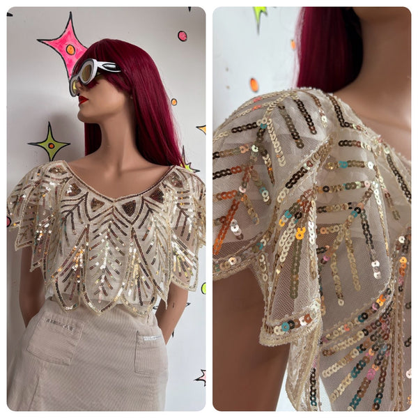 Vintage Gold Sequin Flapper Cape Art Deco Beaded Shrug Glam Festival Rave
