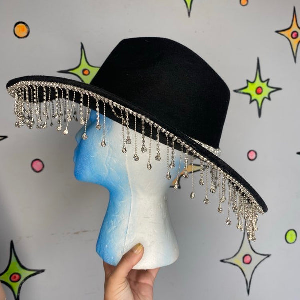 Black Beaded Fringe Cowgirl Hat | Rhinestone Western Goth Glam - One Size