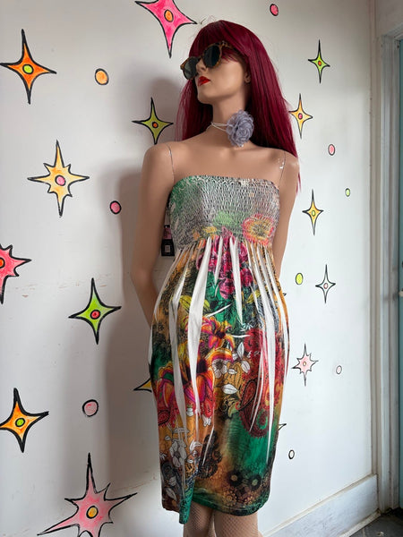 Y2K Strapless Tattoo Print Fairy Dress Cyber Grunge Ed Hardy Inspired | S