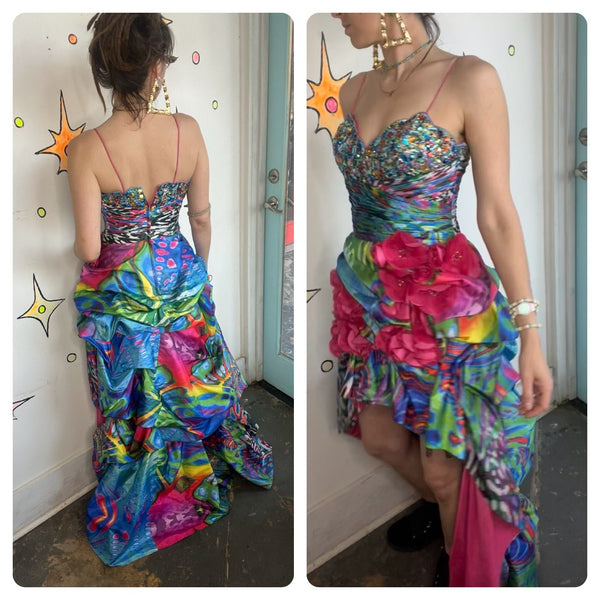 Y2K Bejeweled Peacock Prom Dress Maximalist Rainbow Hi-Low Glam Gown S