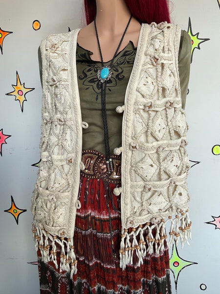Vintage 80s 90s Off-White Silk Crochet Fringe Beaded Western Boho Vest M