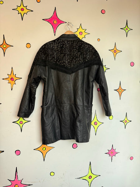 Black Leather Trench Coat 80s Patchwork Dolman Goth Moto Jacket Statement M