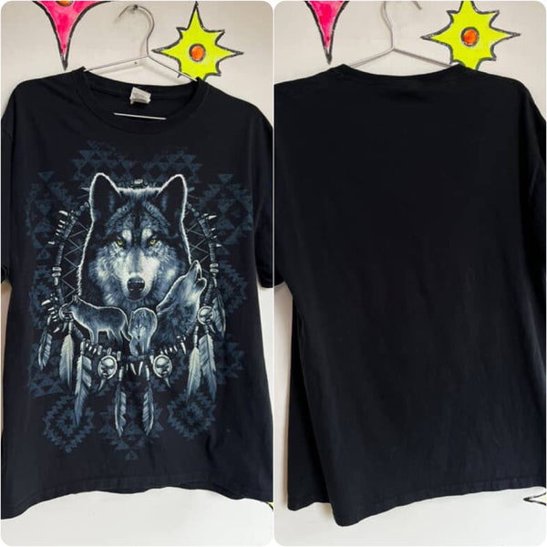 90s Y2K | Native American Wolf Pack Dreamcatcher Tee T Shirt | Size L