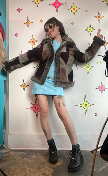 Y2K Penny Lane Faux Fur Patchwork Coat Boho Glam Western Festival Luxe L