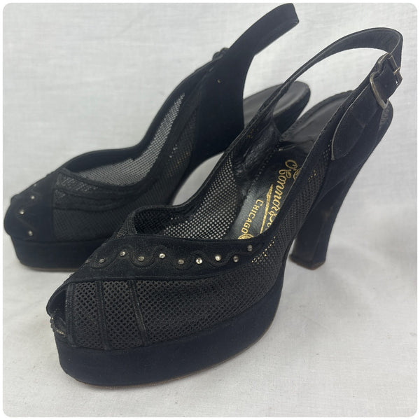 40s Black Mesh Suede Peep Toe Platform Heels Rhinestones Witchy Cha Cha – 6.5–7