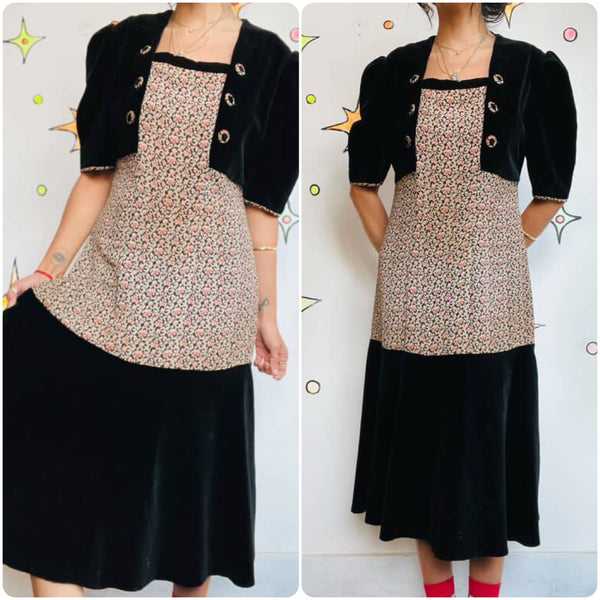 Vintage 40s Velvet Floral Print Dress | Secretary Rococo Goth, Boho Grunge | M/L