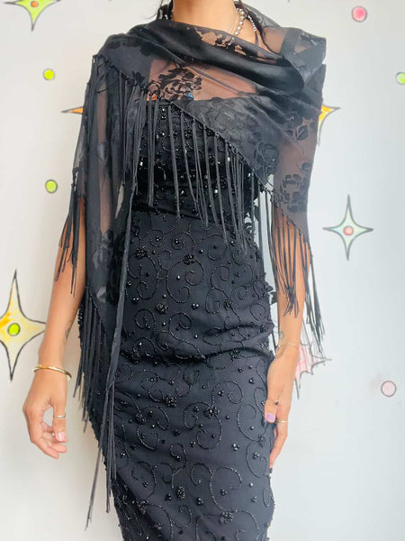 Vintage Sheer Black Fringe Shawl - Western Boho Grunge Witchy Goth Wrap Scarf