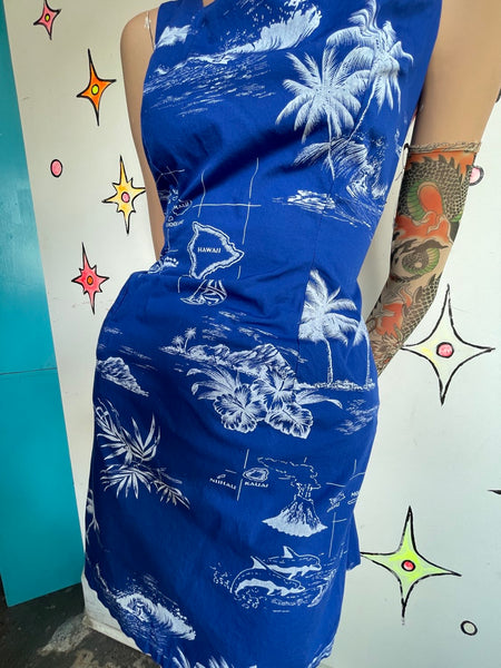 Vintage Retro Blue Aloha Hawaiian Mini Souvenir Vacation Tiki Dress M