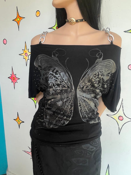 Y2K Black Chain Off Shoulder Butterfly Tattoo Top Cyber Grunge Whimsy Goth M