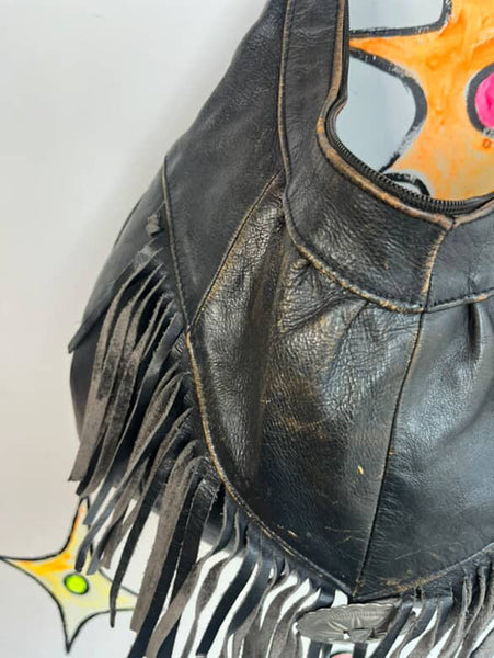 Vintage Black Leather Fringe Crossbody Bag Grunge Rock n Roll Boho Concho Purse