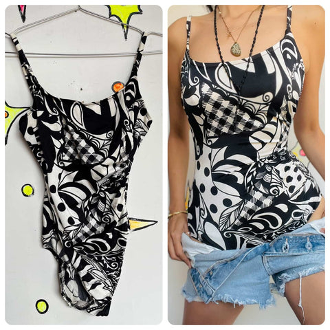 Vintage 70s/80s Sandcastle White & Black Patchwork Polka Dot Swimsuit - Size 8