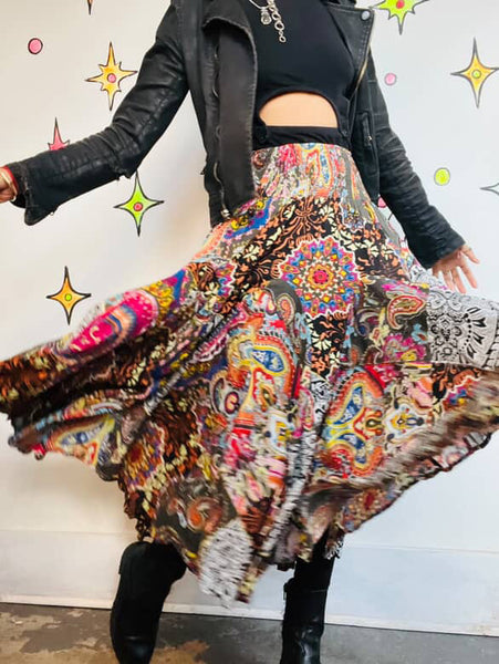 90s Y2K Rainbow Cotton Paisley Patchwork Fairy Boho Grunge Tiered Maxi Skirt | M