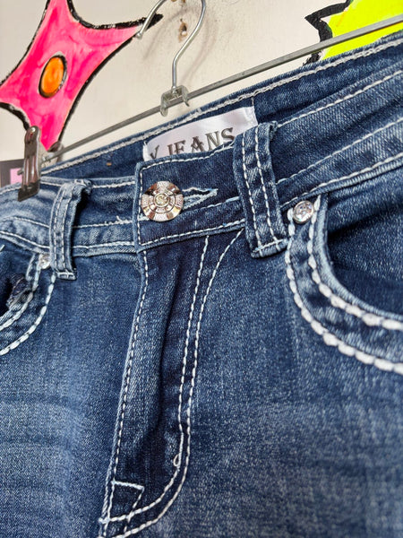 Y2K Low Rise McBling Rhinestone Embellished 2000s Glam Baddie Denim Flares S