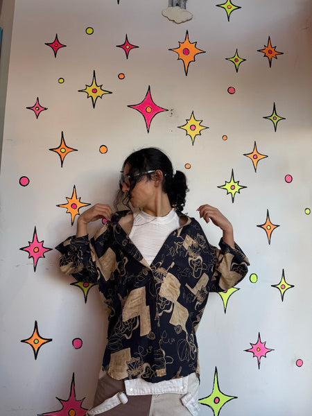 Vintage 90s Abstract Silk Shirt | Artsy Whimsy Goth Wearable Art Button Up L