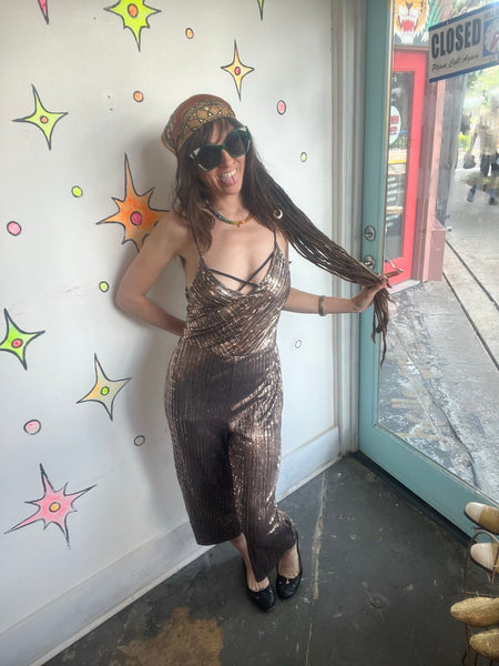 Metallic Gold Y2K Does 70s Disco Wide Leg Party Jumpsuit Retro Clubwear S/M