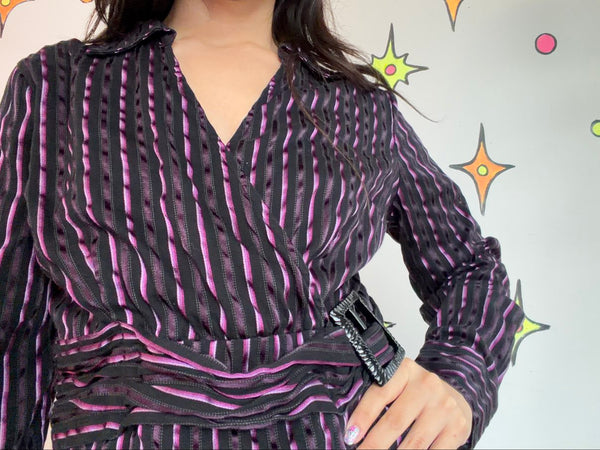 90s Black Purple Pinstripe Mock Wrap Top Y2K Fairy Grunge Mall Goth - Large